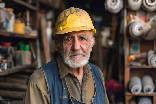Elderly shop foreman wearing a hard hat in workshop