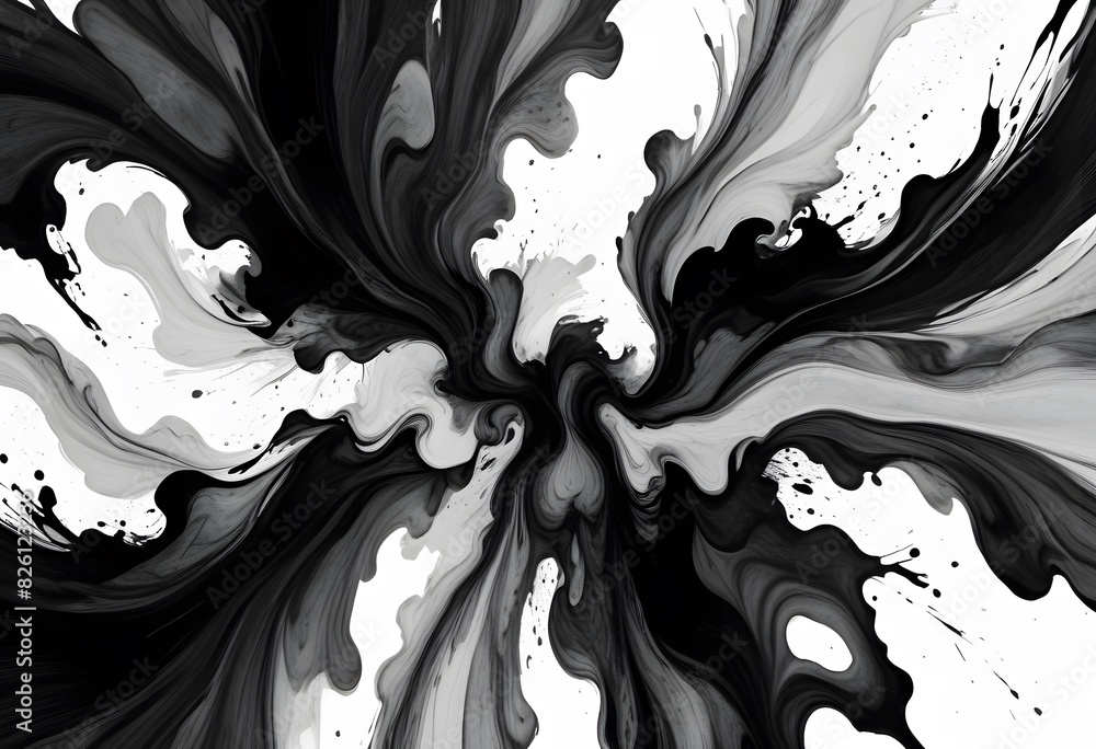 Poster a highly detailed digital illustration of a black and white abstract ink texture, creating a dynamic