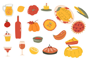 Autumn fall thanksgiving elements set with harvest icons. Collection of fall leaves, farm stickers, animal characters and turkey, cornucopia. Hand drawn autumn characters and harvest, food vectors.