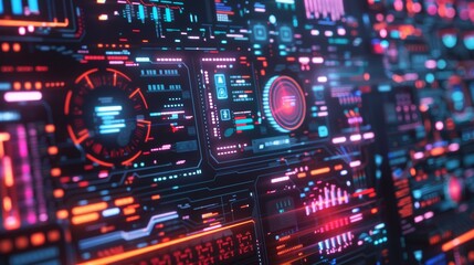 Fototapeta premium Futuristic digital interface with glowing neon lights and data visualizations. Perfect for technology and innovation concepts.