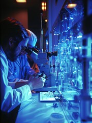 A male scientist in a lab is focused on examining a specimen through a microscope.