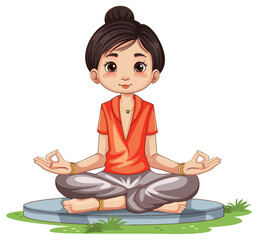 Cartoon of a girl meditating peacefully on a mat