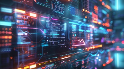 Obraz premium Futuristic digital interface with glowing neon lights and data visualizations in a high-tech environment, depicting modern technology.