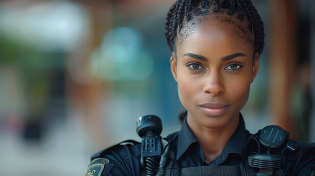 police training session, a black woman police officer, in tactical gear, leading a training session for new recruits, with a minimalist and text-friendly image