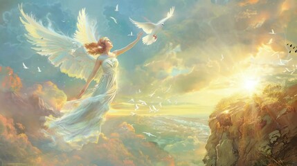 a beautiful angel who was playing with pigeons happily. Virtual 4K video animation background with looping time lapse with very smooth graphics.