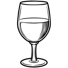 A black and white drawing of a wine glass filled with water on a table
