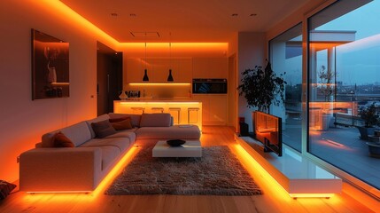 warm and inviting living room with cozy led lighting fixtures, embodying a modern minimalist interior design concept