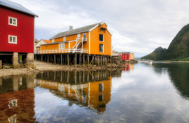 Picturesque Buildings in the Area Sjogata (The Sea Street) at the Mouth of River Vefsna in Mosjoen, Nordland, Norway
