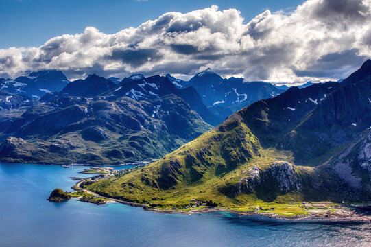 View from Offersoykammen on Vestvagoy in Lofoten, Nordland, Norway, towards Napp on Flakstad Island