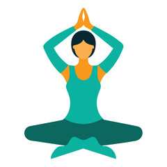 A woman sits in lotus position with hands on head