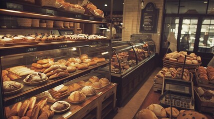 A bustling bakery filled with an assortment of fresh baked goods, pastries, cakes, and breads displayed on rustic shelves and trays.