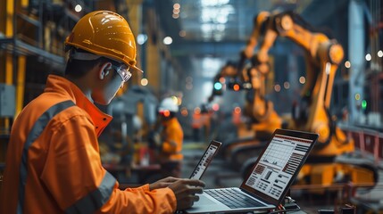 Engineers with laptops monitoring AI predictive maintenance systems, close-up view of drone controls, robotic arms performing automated tasks in a cityscape construction zone,