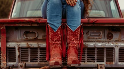 An influencer sitting atop a vintage pickup truck wearing a daring pair of cowboy boots with intricate stitching and bold red fringe.
