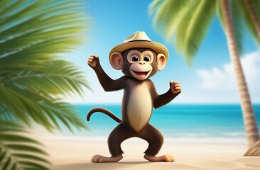 Illustration cartoon, cute monkey in hat stands background palm tree with green leaves on sandy beach of sea coast, tourism, place for text, exotic vacation, summer travel, copy space, card, greeting