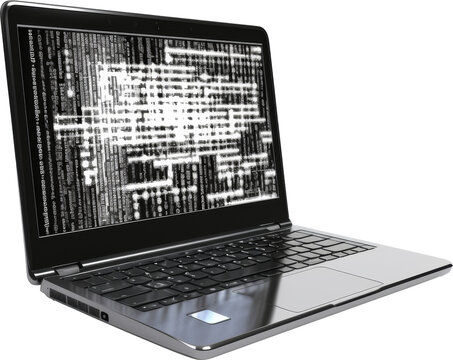laptop with binary code on screen isolated on white or transparent background,transparency 