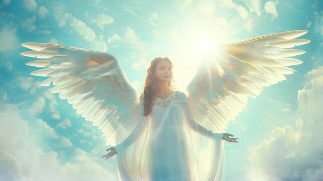 A beautiful angel flying in the sky with white wings. Virtual 4K video animation background with looping time lapse with very smooth graphics.