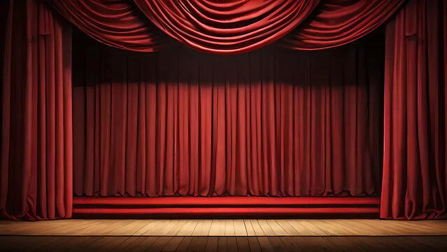 Red theater curtains drawn to the sides partially revealing a closed red curtain in the center with a shiny floor reflecting the stage lights. Stock Foto Adobe Stock