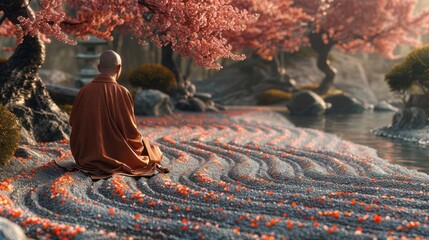 Fototapeta premium japanese garden zen oasis, a zen garden with raked gravel, a meditating monk under a cherry blossom tree, and a babbling brook creating serene tranquility in a japanese setting