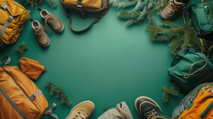 Flat lay of travel and hiking gear with backpacks, shoes, and branches on green background