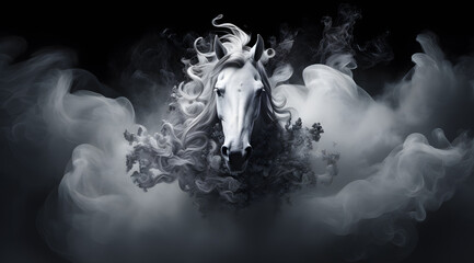Gorgeous white horse with mystery fog in the air on a black background.
