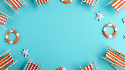 Summer beach accessories arranged on a vibrant blue background