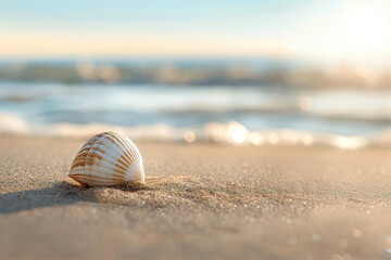 A seashell lies on soft sand, against the backdrop of the endless sea. The beauty of the ocean. An ideal solution for advertising tourist places and resorts. Adventure atmosphere. Copy space. Banner