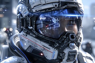 Fototapeta premium Blue eye with city reflections, vibrant and detailed, sci fi and technology concept, futuristic and glowing