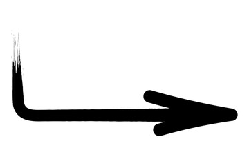 Arrow. Sketch. The long black arrow is curved and points to the right. Hand drawn sign. Vector illustration. Directional signs made from brush strokes. Outline on isolated white background. 