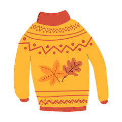 autumn fall sweater with leaves, hand drawn vector illustration for greeting card, invitations, stickers. Autumn wheater for banner or poster. Deer with wreath. Thanksgiving cloth isolated.