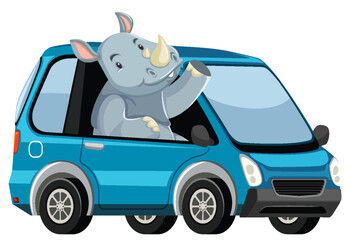 Cartoon rhino cheerfully driving a small blue car