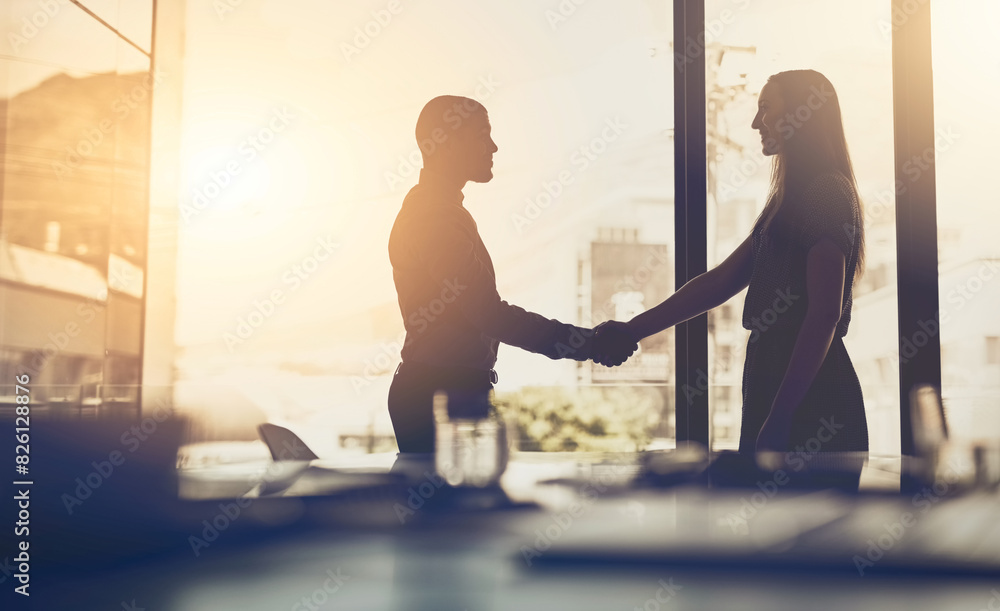 Poster handshake, desk and business people silhouette with lens flare and thank you with greeting and welco