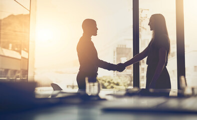 Handshake, desk and business people silhouette with lens flare and thank you with greeting and...