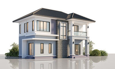 Architecture 3d rendering illustration of modern minimal house on white background