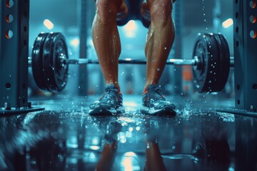 A focused athlete is preparing to lift a heavy barbell in a gym environment, with water splashing around for dynamic effect - Powered by Adobe
