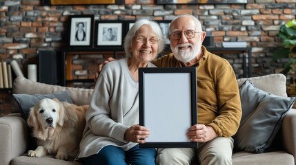 Frame mockup, showing a grandmother and grandfather sitting on a sofa with a golden retriever next to them.