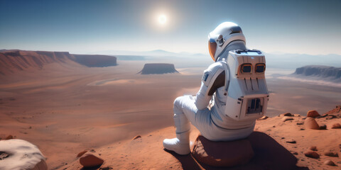 Astronaut sitting on martian landscape. High resolution photorealistic illustration