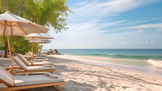 This Lounge chairs arranged neatly along a sandy beach. Row of Lounge Chairs on Sandy Beach