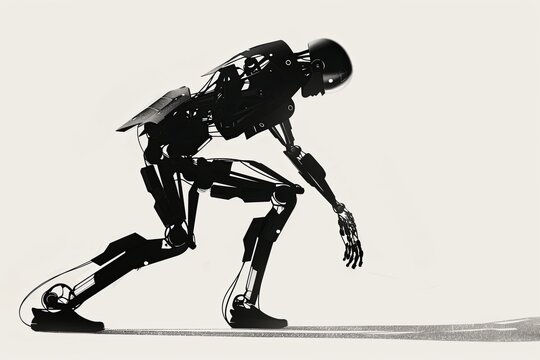 Detailed black and white illustration of a minimalist exoskeleton robot design