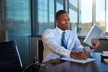 Black man, business and tablet or office research as investment broker, project planning or...