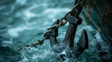An up-close capture of an anchor submerged in water, surrounded by dynamic splashes, symbolizing strength, stability, and the fluidity of life