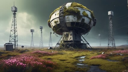 Аquarelle painting of an abandoned, ruined satellite station