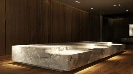 Luxurious modern marble seating area with ambient lighting in a stylish interior space, featuring elegant wooden panel walls and warm lighting.