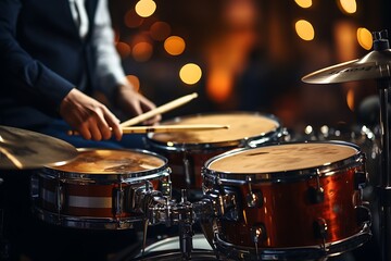 Drummer playing drums and cymbals in music studio, closeup - Powered by Adobe