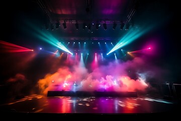 Colorful stage lighting with smoke and rays of light on dark background