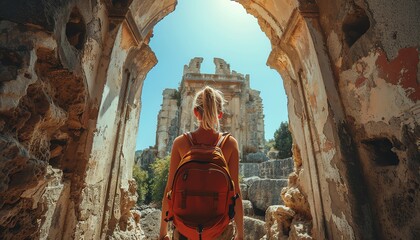 Traveler exploring ancient ruins on a sunny day, framed by a stone archway. Adventure, history, and culture on a scenic journey.