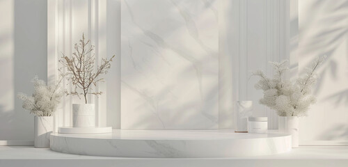 Minimal empty white 3D room background with luxury stage for beauty product mock-up.