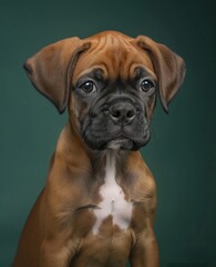 Fototapeta premium Boxer puppy on minimalistic colorful background with Copy Space. Perfect for banners, veterinary ads, pet food promotions, and minimalist designs.