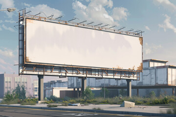 Obraz premium Industrial warehouse district with a large blank billboard, 3D rendered, for urban-style ads, enhanced by a light border.