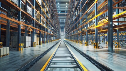 A well-organized logistics warehouse with rows of shelves, showcasing the importance of inventory management and efficient logistics operations for stock photo platforms