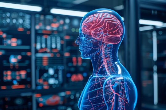 Digital human figure with glowing brain, detailed and futuristic, sci fi and technology concept, vibrant and innovative - Powered by Adobe
